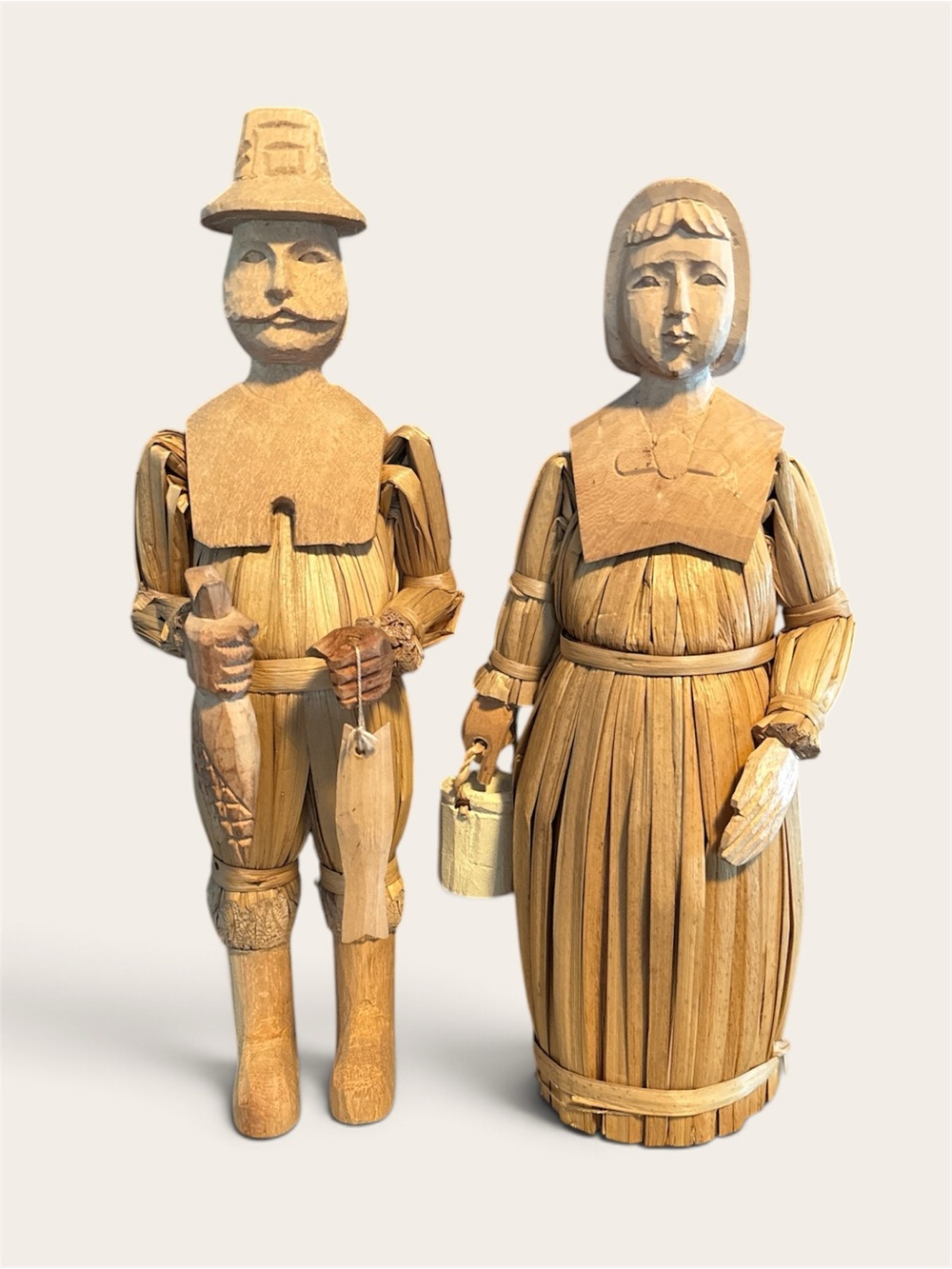 Vintage Corn Husk Pilgrim Couple Folk Art Figures